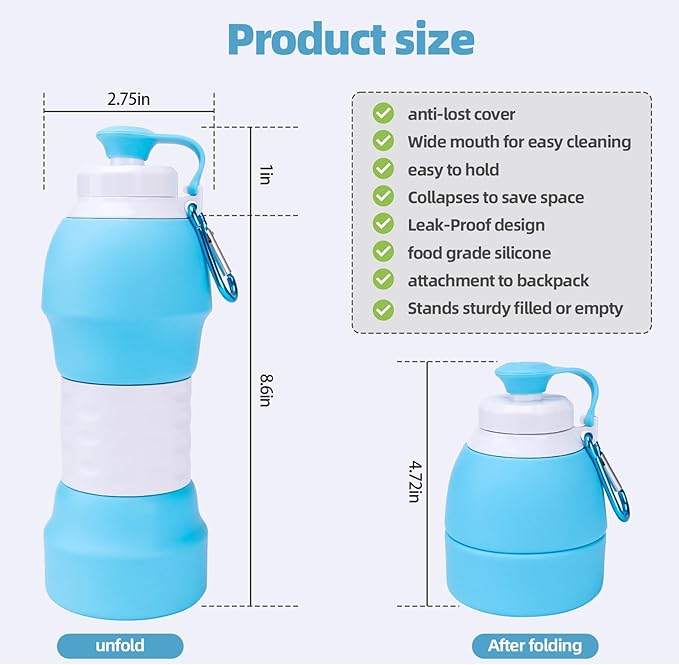 Collapsible Water Bottle, 19.6oz Leakproof Foldable BPA Free Silicone Reusable Sports Bottle, Portable Refillable Bottles with Carabiner, Ideal for Travel Hiking Outdoor Camping Gym (Blue)