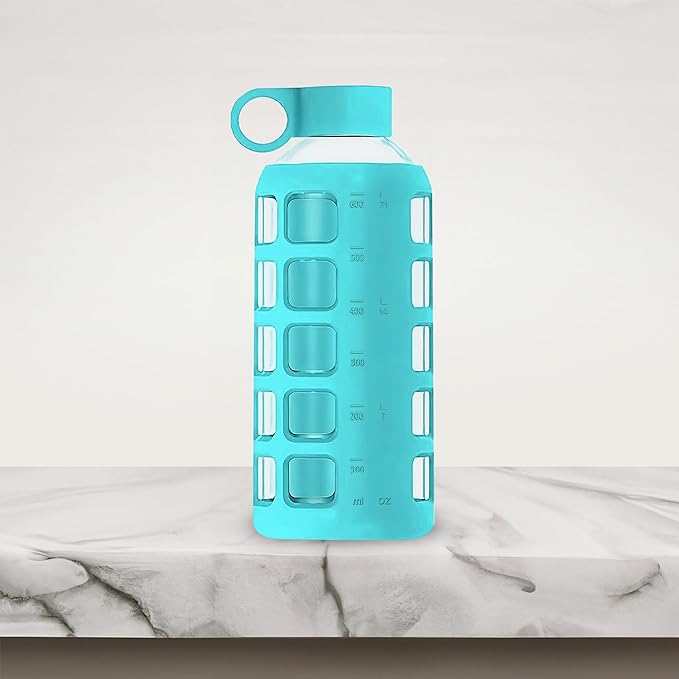 purifyou Premium 40/32 / 22/12 oz Glass Water Bottles with Times to Drink and Volume, Silicone Sleeve & Stainless Steel Lid Insert, Reusable for Fridge Water, Milk, Fruit Juice (Aqua Blue, 22 oz)