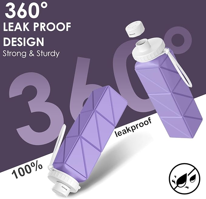 Collapsible Water Bottles,Leakproof BPA-Free Silicone Foldable Portable Water Bottle 610ml,Lightweight 21oz Reusable Wide Mouth Water bottle for Travel Cycling Gym Camping Sports Outdoor