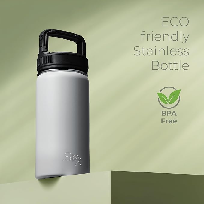 SipX™ Triple-Insulated Stainless Steel Water Bottle 18oz. With 3 Lids, BPA-Free Reusable Insulated Water Bottle Keeps Cold 24 Hours, Metal Water Bottle Made Of Sustainable Material For Hiking & Biking