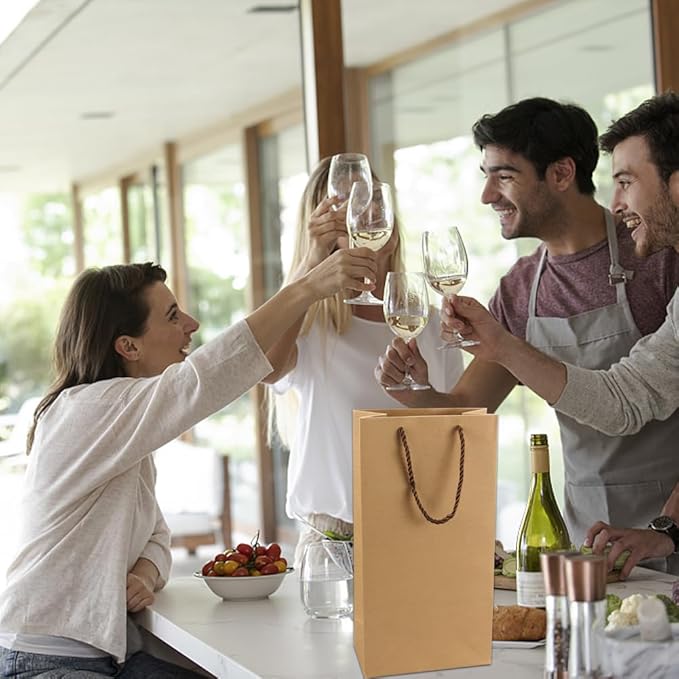 Prembag Kraft Paper Wine Bags for Double Wine Bottle,Double Wine Gift Bags, 7"x 3.5"x13.8" Whiskey/Liquor Wine Bottle Bags For Gifts, 2 Bottle Wine Bags with Rope Handles,4 Pcs