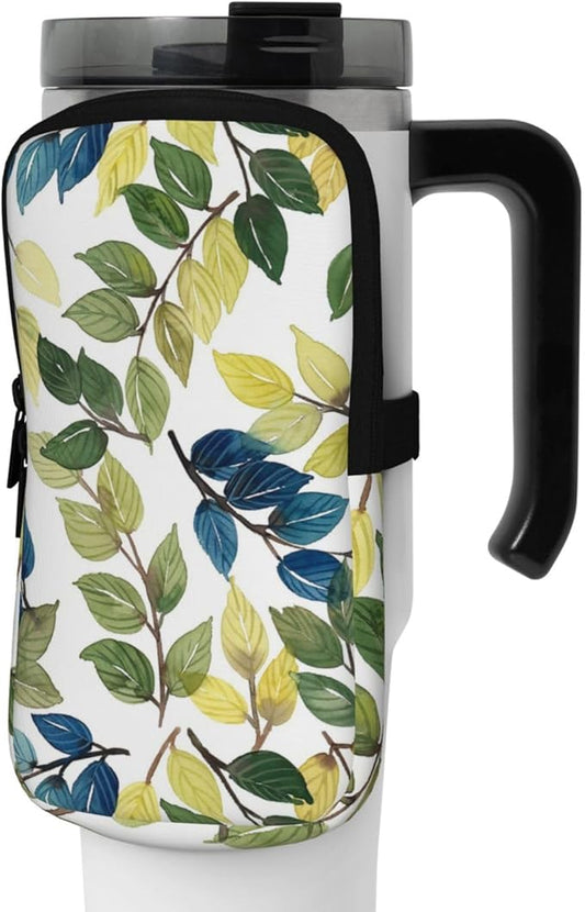 Water Bottle Pouch for Stanley Cup 40oz 30oz,Personalized Gym Purse for Men Women, Tumbler Pouch with Versatile Pocket Water Bottle Bag for Cards, Keys, Phone Botanical Leaf