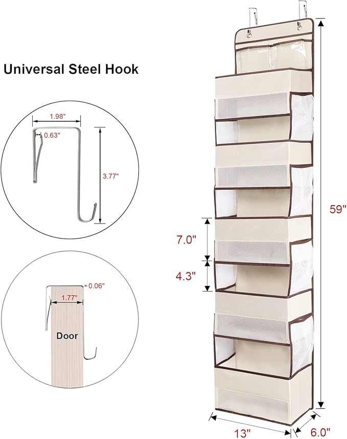 Univivi Over The Door Organizer, Wall Mount Hanging Organizer Hanging Door Organizer with 5 Large Compartments 2 Small PVC Pockets and 8 Mesh Side Pockets for Cosmetics, Toys and Sundries (Beige)