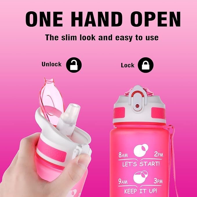 Prometheuz 32oz Water Bottle with Straw, Motivational Water Bottle with Time Marker, Water Bottles Leakproof & BPA-Free for Sports, Work and Fitness Pink