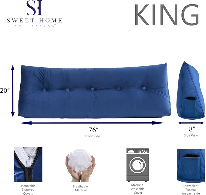 Headboard Pillow King - Bed Wedge Pillow for Headboard - Large & Versatile Triangle Cushion Reading Support Pillow, King - 76", Blue