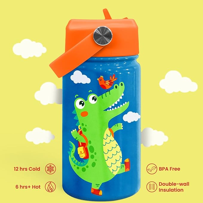 Crocodile Water Bottle - Kids Water Bottle with Straw Lid - 12 Oz Insulated Stainless Steel Water Bottles for Toddlers Kid Boys - Travel Cup for School Sports
