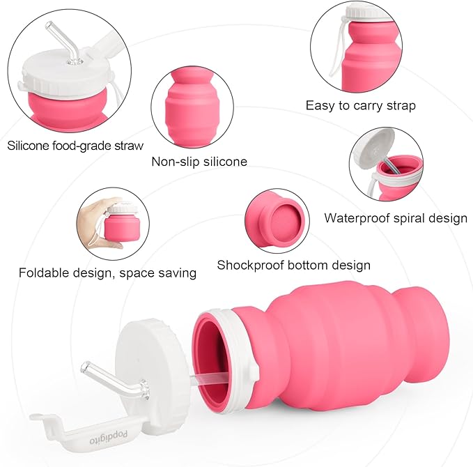 Collapsible Water Bottles,BPA-Free Leak-Proof Silicone Foldable Water Bottle Cup 20.6oz,Durable Lightweight Bottle for Gym Travel Camping Hiking Running (Type2 pink little 320ml)