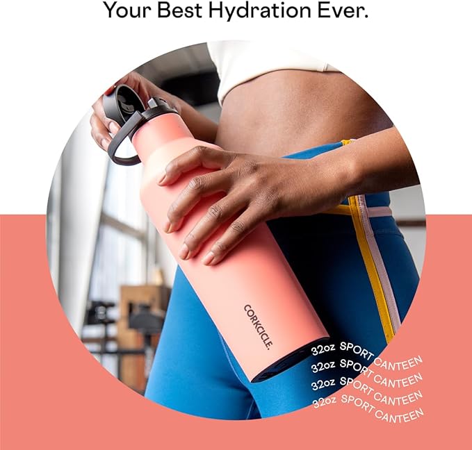 Corkcicle Insulated Canteen Travel Water Bottle, Triple Insulated Stainless Steel, Easy Grip Quick Sip Cap, Keeps Beverages Cold for 25 Hours or Warm for 12 Hours, 32oz, Neon Lights Coral