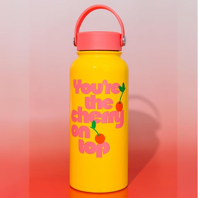 ban.do Large Water Bottle with Waterproof Sticker Pack, Stainless Steel Double Wall Tumbler, 33 Oz Insulated Metal Water Bottle with Twist on Lid and Strap (Cherry on Top)