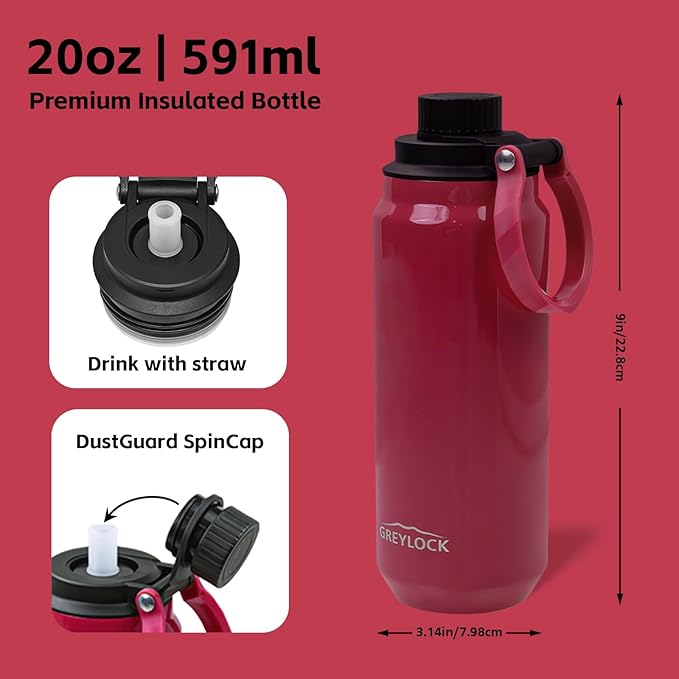 Greylock 20 oz Insulated Stainless Steel Water Bottle with Straw Lid- BPA-Free Leak Proof When Closed, Reusable Metal Water Bottle with Carry Handle for Travel Camping, 24 Hours Cold (Raspberryridge)