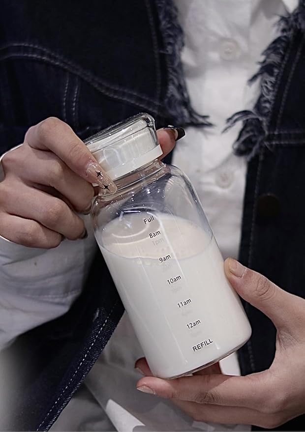 Glass Water Bottles With Double Lid,16OZ Clear Water Bottle With Time Marker,Water Bottle With Straw, Circle Water Bottle For Milk,Juice, Coffee(550ml,White)