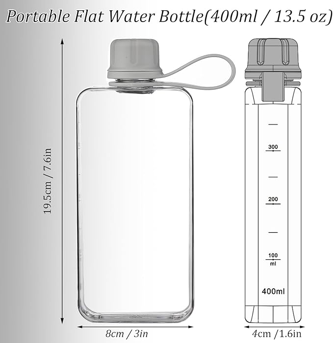 Tritan Transparent Flat Water Bottle samll Water Bottle Slim Square Pocket Bottle Water Flask, BPA Free/Slim Design/Leak Proof Water Bottle for Travel, Outdoor, Sports, Camping (Grey, 400ML)
