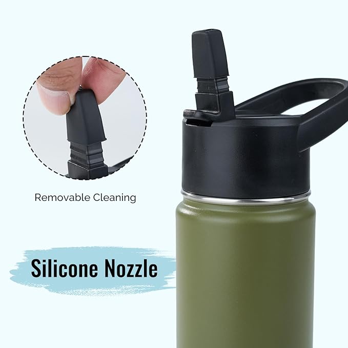 Stainless Steel Water bottle with Straw & Wide Mouth Lid, Wide Rotating Handle, 24oz Double Wall Vacuum Insulated Water Bottle Leak Proof, BPA Free, Keep Cold and Hot, 24oz, Army Green