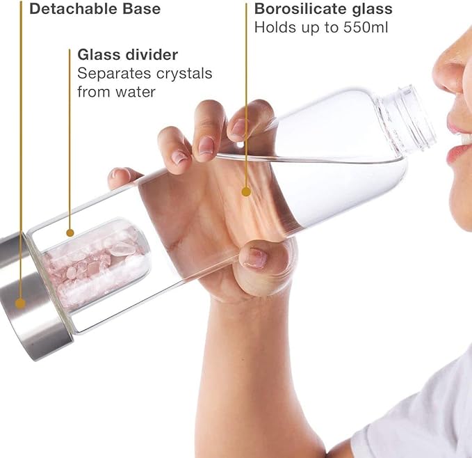 Crystal Glass Water Bottle, Glass Water Bottle with Changeable Natural Crystal Center, Quartz Gemstone Water Bottle for Natural