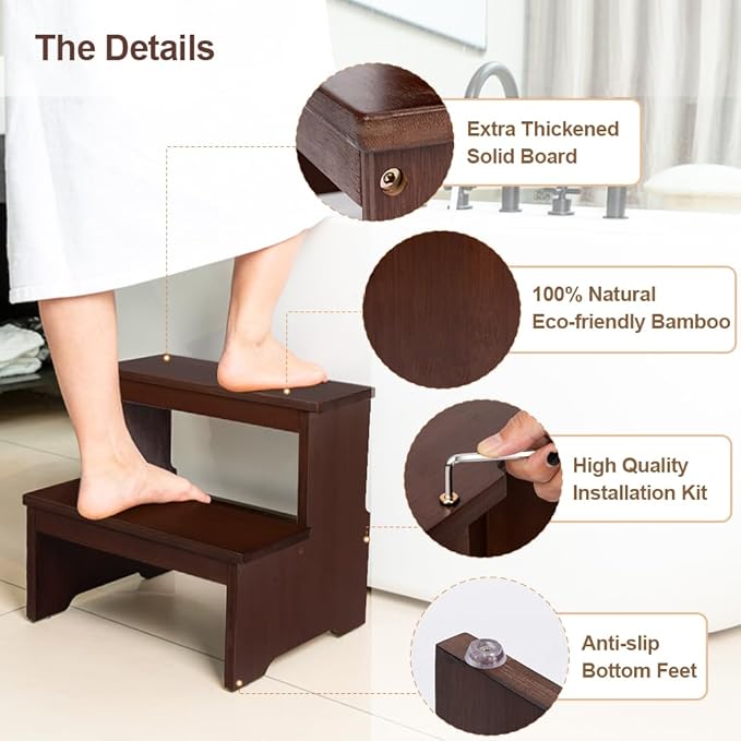 StrongTek Bamboo Two Step Stool for Adults and Kids, Bed Stepstool with Anti-Slip Bottom, Heavy Duty for Kitchen, Bathroom, Bedside Step Stool, Wooden Step Stairs 350 lbs Capacity (Dark Chocolate)