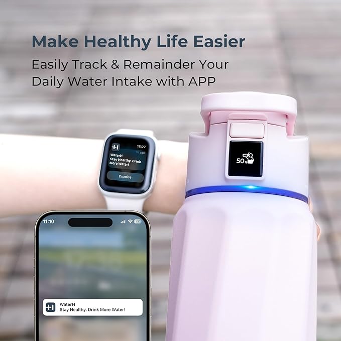 BOOST Smart Water Bottle with Reminder to Drink Water & Water Tracker Bottle - Double Wall Vacuum Insulated Water Bottle Stainless Steel, Wide Mouth 32 oz Water Bottles, Ideal for Gift - Pink