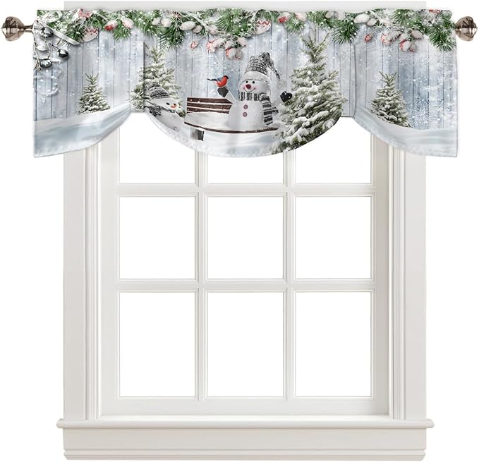 Merry Christmas Blackout Tie Up Valance Curtains for Kitchen Windows Xmas Snowman Snowy Pine Tree Window Toppers Balloon Shades for Living Room/Bathroom/Bedroom,1 Panel, 54" X 18", Blue Winter