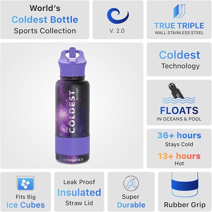 Coldest Sports Water Bottle with Straw Lid Vacuum Insulated Stainless Steel Metal Thermos Bottles Reusable Leak Proof Flask for Sports Gym(32 oz, Astro Purple)