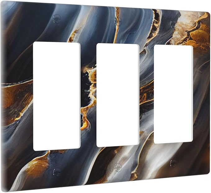 Gradient Abstract Ripple Blue Gold Marble Printed 3 Gang Rocker Light Switch Covers Triple Outlet Wall Plate Decorative Switchplate Cover Faceplate GFCI for Kitchen Bathroom Bedroom Decor