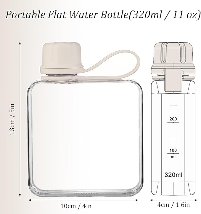 Tritan Transparent Flat Water Bottle samll Water Bottle Slim Square Pocket Bottle Water Flask, BPA Free/Slim Design/Leak Proof Water Bottle for Travel, Outdoor, Sports, Camping (White, 320ML)