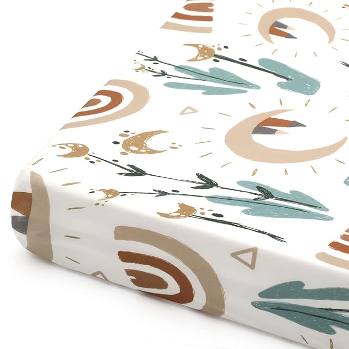 GRSSDER Stretchy Ultra Soft Jersey Knit Fitted Pack n Play Sheets Set 2 Pack, Portable/Mini Cribs Sheets for Girls and Boys, Rainbow Creative Painting Pattern