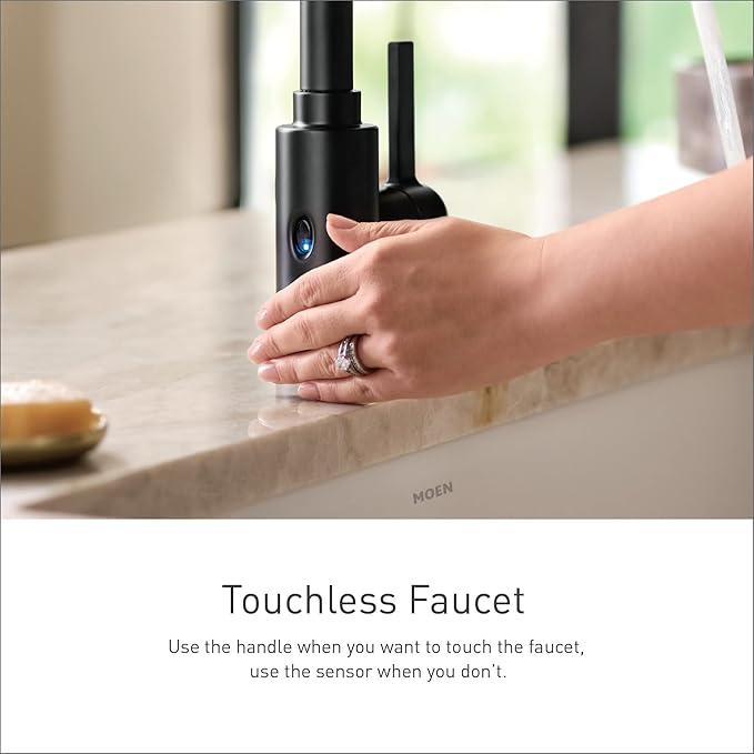 Moen Haelyn Matte Black Touchless Single-Handle Pull-Down Sprayer Kitchen Faucet with Soap Dispenser, Features Power Clean for a Faster Wash, 87627EWBL