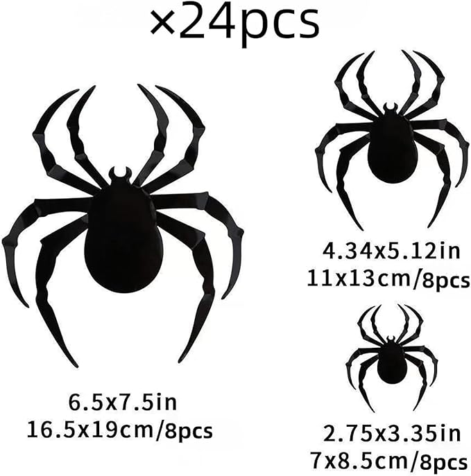 Halloween Wall Stickers 24Pcs Spider Wall Decor 3D Self Adhesive Halloween Wall Decals Horror Black Spiders Wall Decorations Reusable Window Stickers for Halloween Party Home Room Art DIY Accessories