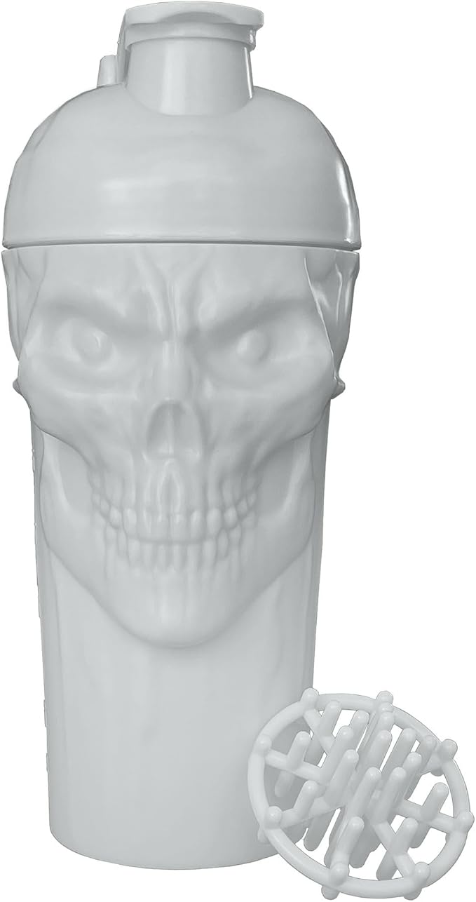 JNX SPORTS The Curse! Skull Shaker Bottle, 24-Ounce, Light Grey Limited Edition, Supplement Mixer with Classic Loop Top