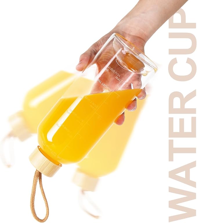 Crazy Music 32 oz Clear Glass Water Bottles,Reusable Glass Juicing Bottles with Stainless Steel Leak Proof Lids -16 oz Sports Water Bottle with Time Marker for Gym, Sports, Outdoors(32 Oz Gold