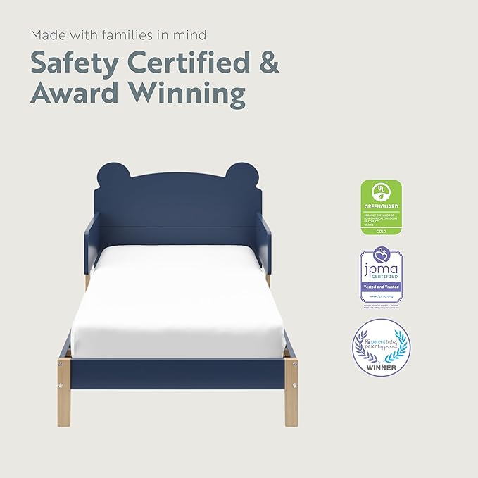 Storkcraft Teddy Bear Toddler Bed (Midnight Blue with Driftwood) - GREENGUARD Gold Certified, includes Toddler Safety Guardrails, Fits Standard Crib & Toddler Mattress, Stylish 2-Tone Design