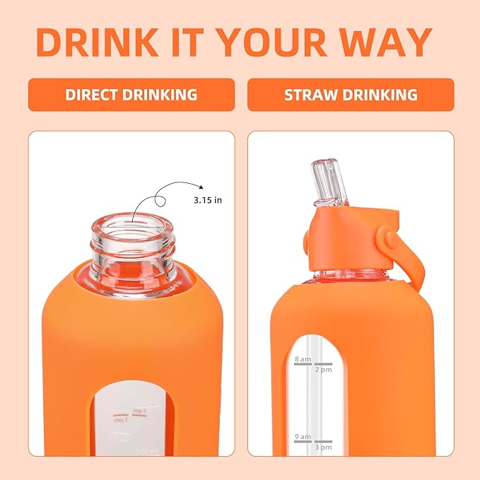 32 oz Glass Water Bottles with Straw Borosilicate Glass Water Bottle with Time Marker Motivational Water Bottles with Silicone Sleeve Leak Proof Reusable BPA Free