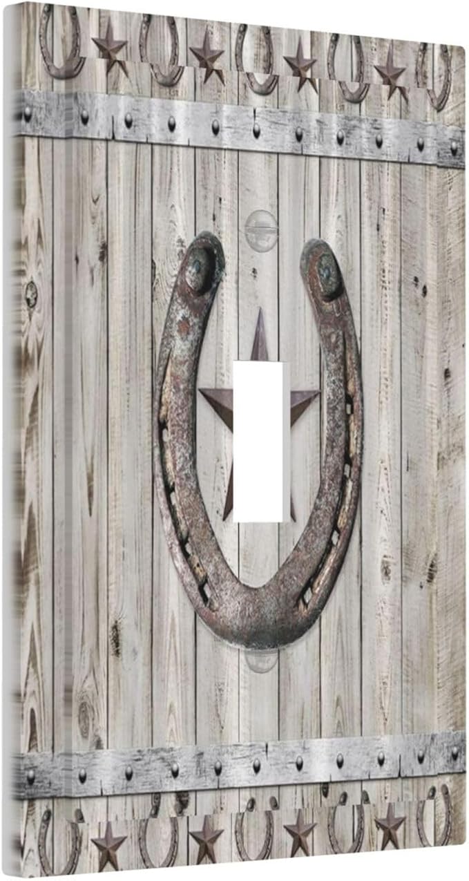 Rustic Western Wood Barn Door Horseshoe Iron Star 1 Gang Light Switch Covers Single Toggle Wall Plate Decorative Switchcover Electrical Switchplate for Farmhouse Country Bedroom Decor
