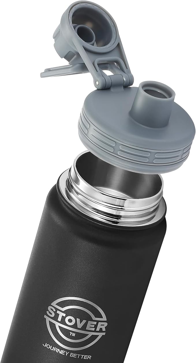 STOVER 25oz Insulated Water Bottle, Wide Mouth Double-Walled Stainless Steel- Vacuum Sealed, Leakproof, Durable, Slim Design Fits in Cup Holder- Flip Top Lid/Spout for Travel- Women/Men (Black)