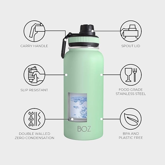 BOZ Stainless Steel Water Bottles 2 Pack Bundle - Pink Water Bottle + Green Water Bottle - Vaccum Insulated Water Bottles 32 Oz - Wide Mouth BPA Free Sport Water Bottles for Gym with Spout Lid