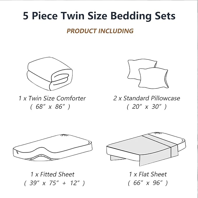 Twin Comforter Set with Sheets, 5 Pieces Super Soft Twin Bed in a Bag, All Season Solid Color Kids Bedding Set Neutral for Boys & Girls, Grey Striped