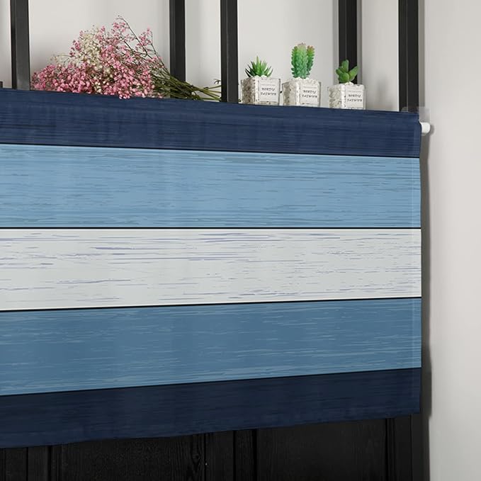Farmhouse Kitchen Curtains Valances for Windows ,Navy Sky Blue White Rod Pocket Country Window Treatment for Kitchen /Living Room/Bedroom/ Bathroom,42" X 12" -1 Panel, Retro Rustic Barn Wood Texture