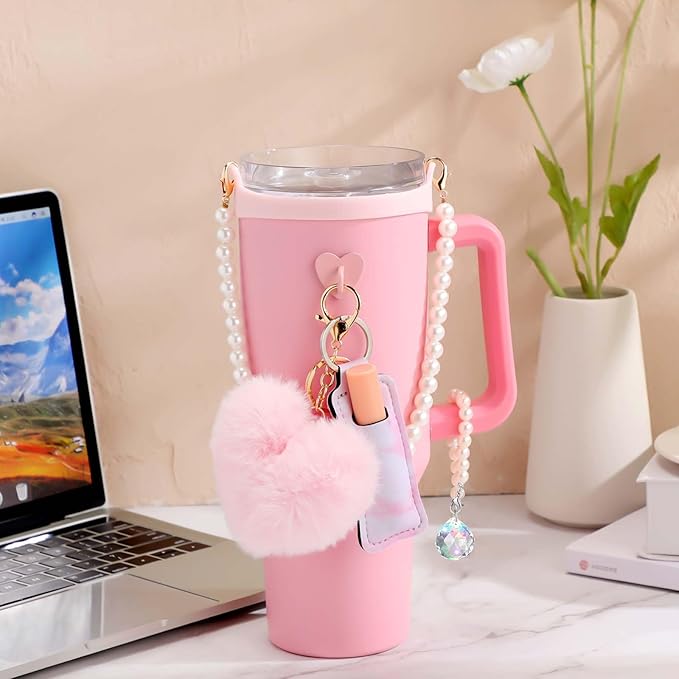 Water Bottle Accessories Set with Silicone Water Bottle Handle with Strap Hanging Charms Compatible with Stanley Cup(Pink)
