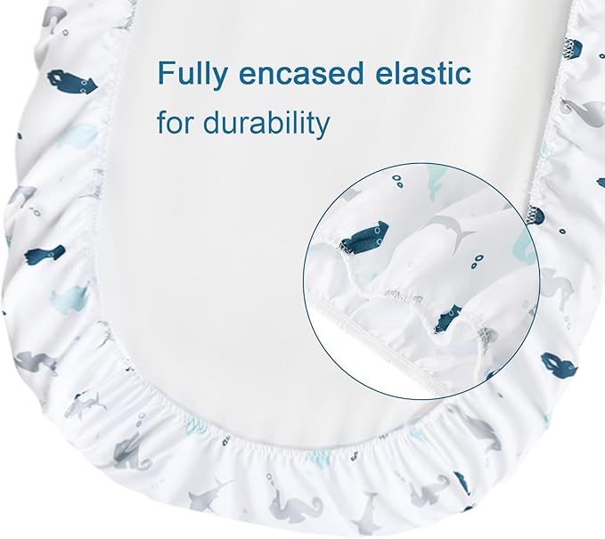 Baby Bassinet Fitted Sheets 4 Pack Compatible with 4moms MamaRoo Sleep, Regalo Baby Basics Bassinet and Chicco Close to You 3-in-1 Bedside, Ultra Soft and Skin-Friendly, Aqua Dinosaurs & White Ocean