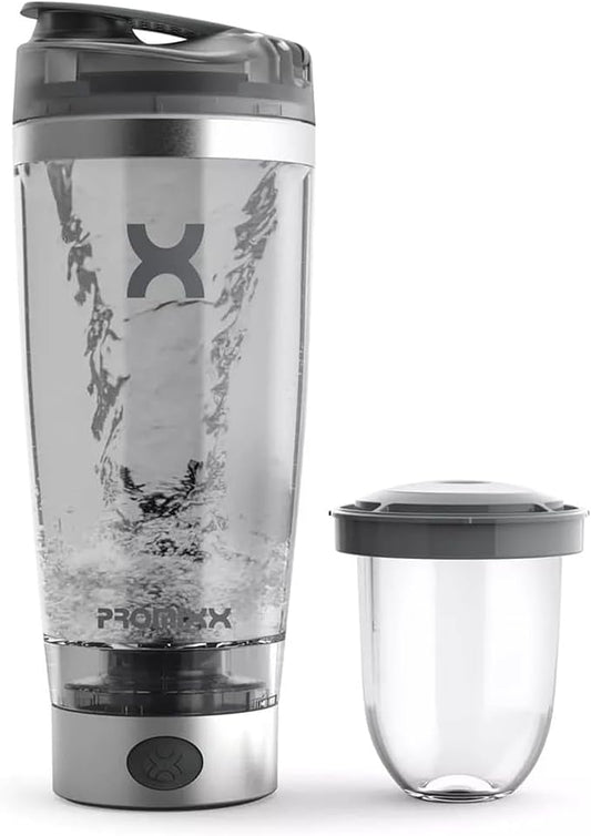 Promixx Pro Shaker Bottle | Rechargeable, Powerful for Smooth Protein Shakes | includes Supplement Storage - BPA Free | 20oz Cup (Silver White/Gray)