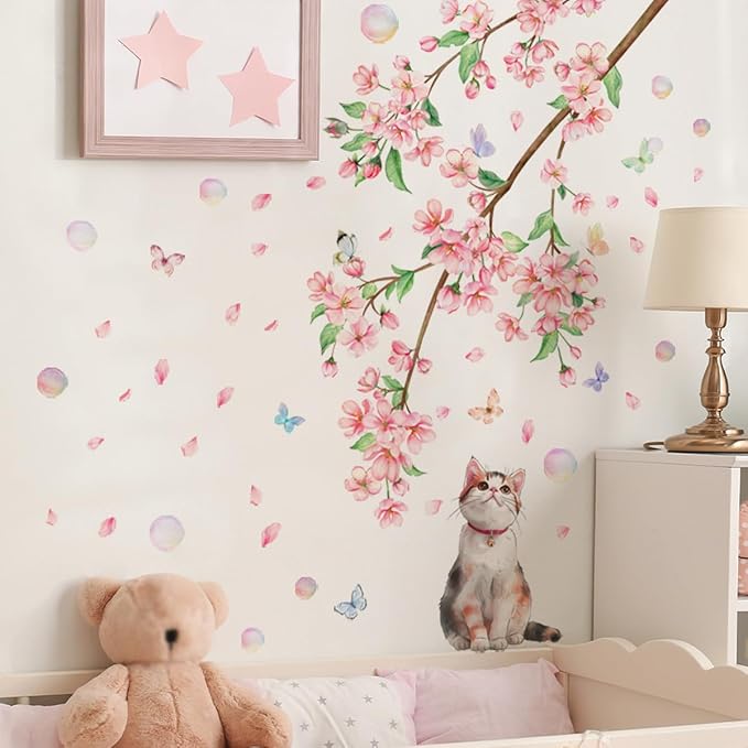 Pink Flower and Cat Wall Stickers - Set of 2, Easy to Apply, Stylish Home Decor