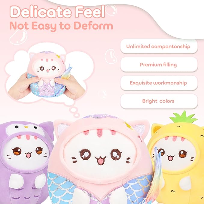 Cute Plush Mermaid Cat Stuffed Animal Pillow, 8" Soft Kawaii Kitten Plushie with Mermaid Outfit Gift for Kids