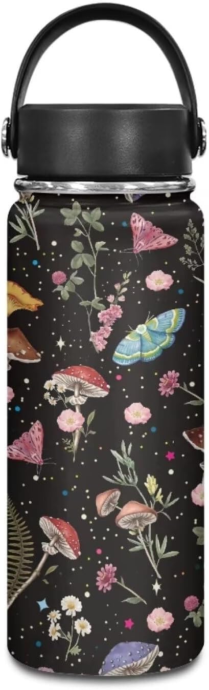 Wild Mushoom Water Bottle 20 Oz for Women Insulated Water Bottles with Handle Flask Wide Mouth Bottle Vacuum Stainless Steel Metal Water Bottle