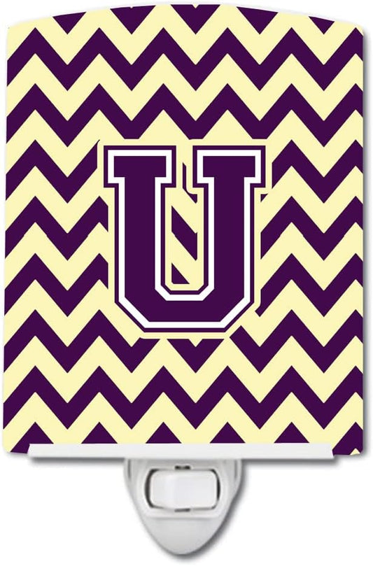 Caroline's Treasures CJ1058-UCNL Letter U Chevron Purple and Gold Ceramic Night Light Compact, UL-Certified, Ideal for Bedroom, Bathroom, Nursery, Hallway, Kitchen, 6x4x3, Multicolor