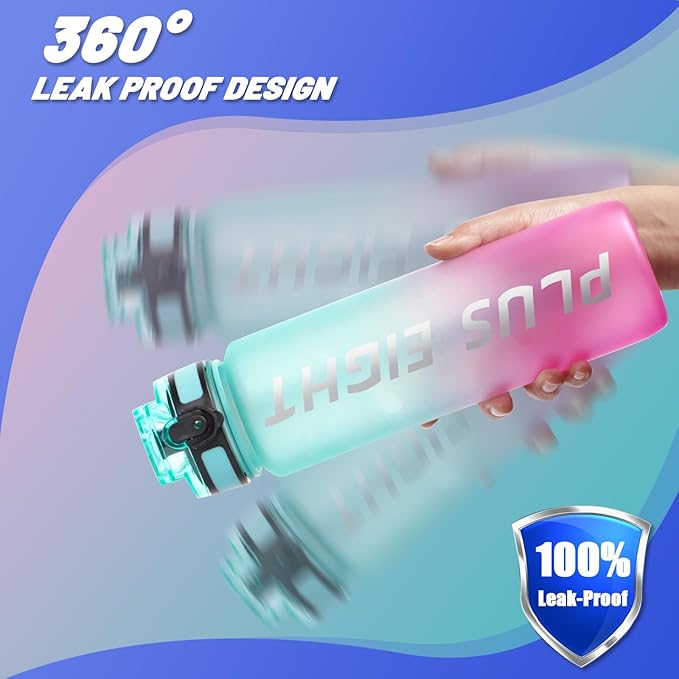 Sports Water Bottle, 32 oz Motivational Water Bottles with Time Marker to Drink, Leak-Proof Tritan BPA-Free with Carrying Strap for Women Men Gym Fitness Outdoor (Green Purple)