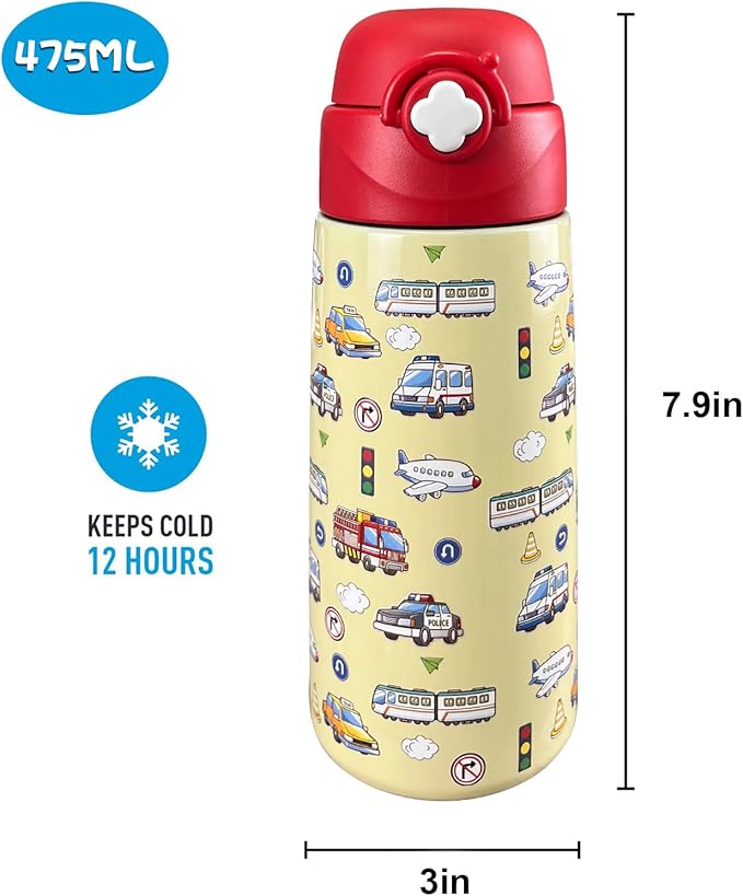 Kids Insulated Water Bottle with Covered Pop-Up Straw,16oz Kids Cups with Stainless Steel Leak Proof for School Boys Girls（Vehicle）