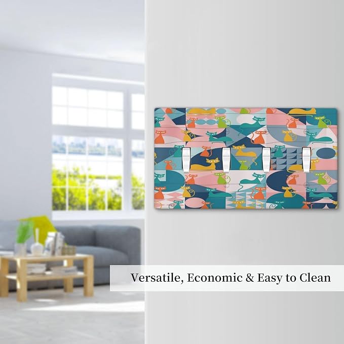 Mid Century Modern Atomic Cute Cats Quad Toggle Light Switch Covers 4 Gang Wall Plate Decorative Switchplate Electrical Faceplate for Kidroom Nursery Bedroom Decor