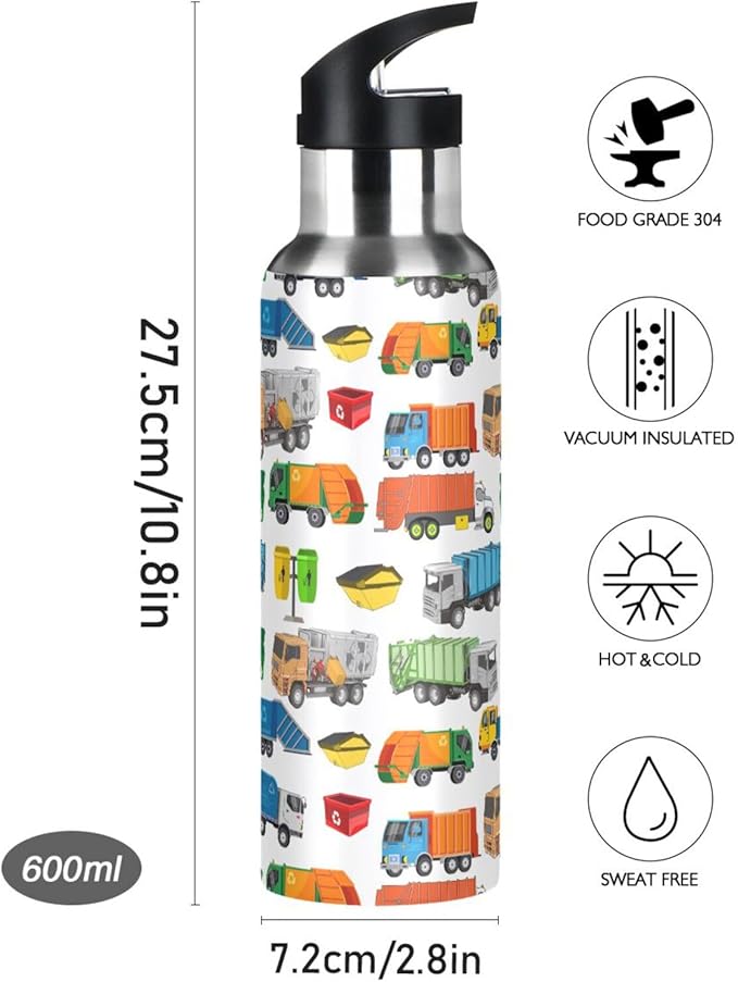 Garbage Trucks Stainless Steel Water Bottle with Straw Lid - 20 Oz Sports Insulated Water Bottle Thermos for Sport Gym Outdoor Travel School (DZ002)