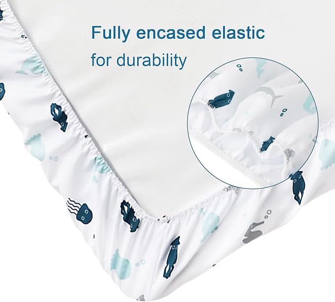 Bassinet Fitted Sheets 4 Pack Compatible with ANGELBLISS (3 in 1), Papablic, QUTANIX, Cowiewie, HARPPA and Nordmiex (3 in 1) Baby Bassinet, Ultra Soft and Skin-Friendly, Aqua Dinosaurs & White Ocean