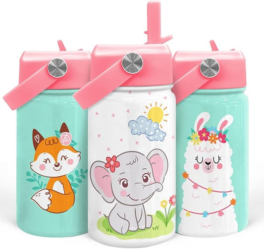 Elephant Water Bottle - Kids Water Bottle with Straw Lid - 12 Oz Insulated Stainless Steel Water Bottles for Toddlers Kid Girl - Travel Cup for School Sports