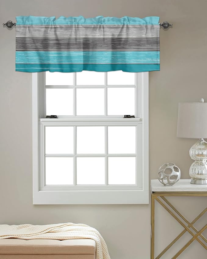 Farmhouse Kitchen Curtains Valances for Windows , Aqua Blue Gray Rod Pocket Country Window Treatment for Kitchen /Living Room/Bedroom/ Bathroom,42" X 12" -1 Panel, Retro Rustic Barn Wood Texture